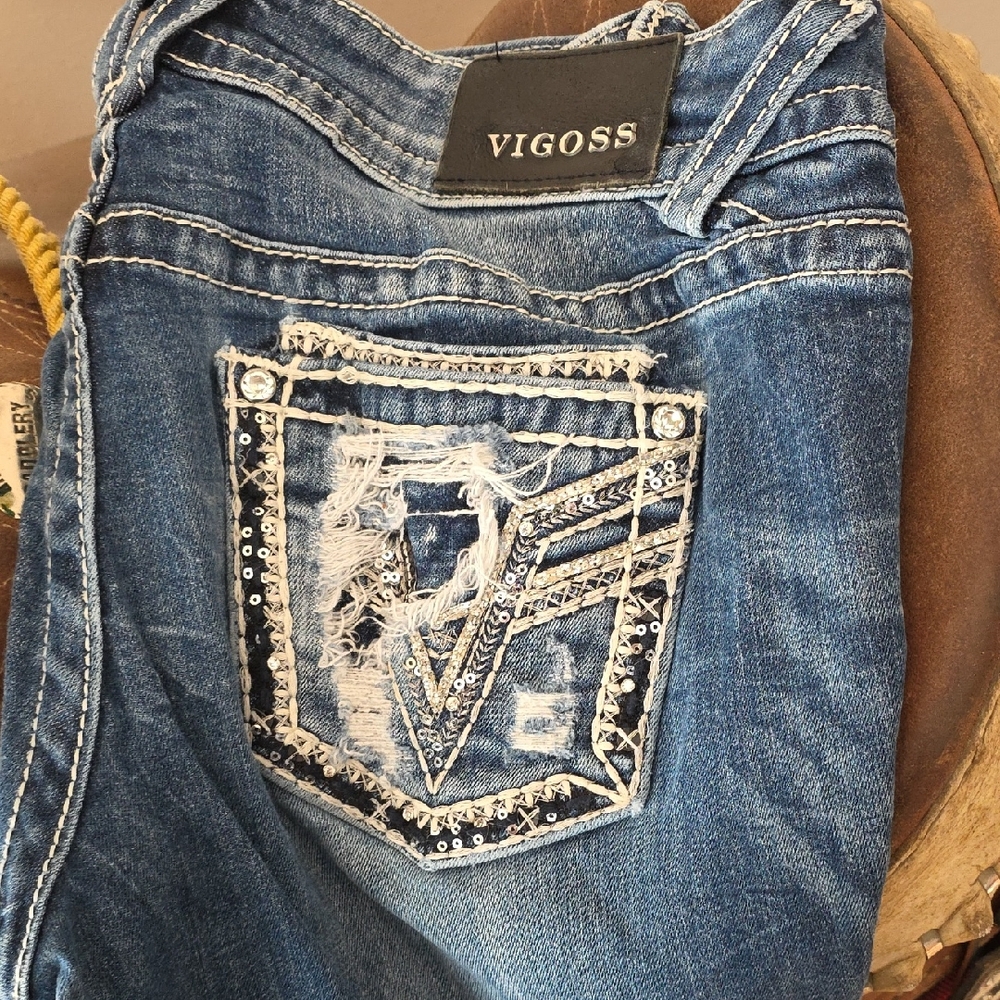 Vigoss Women's Distressed Blue Jeans with Sequin Detail